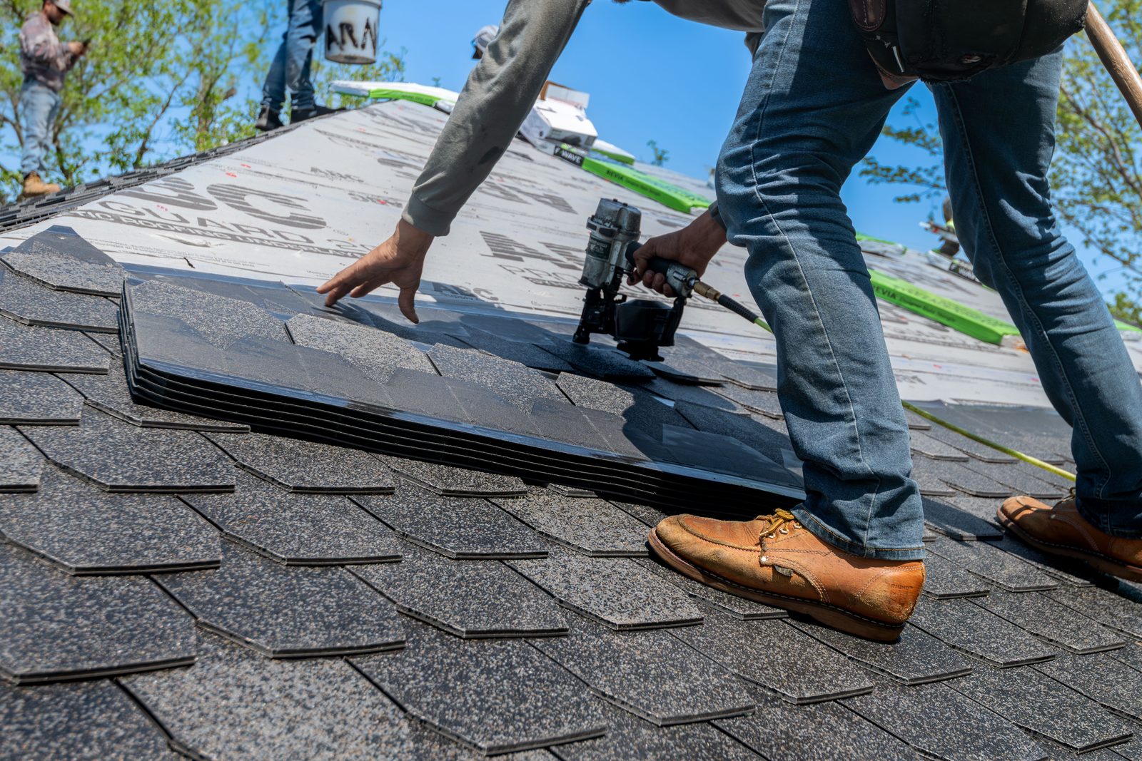Roofer nailing new architectural asphalt shingles over fresh underlayment